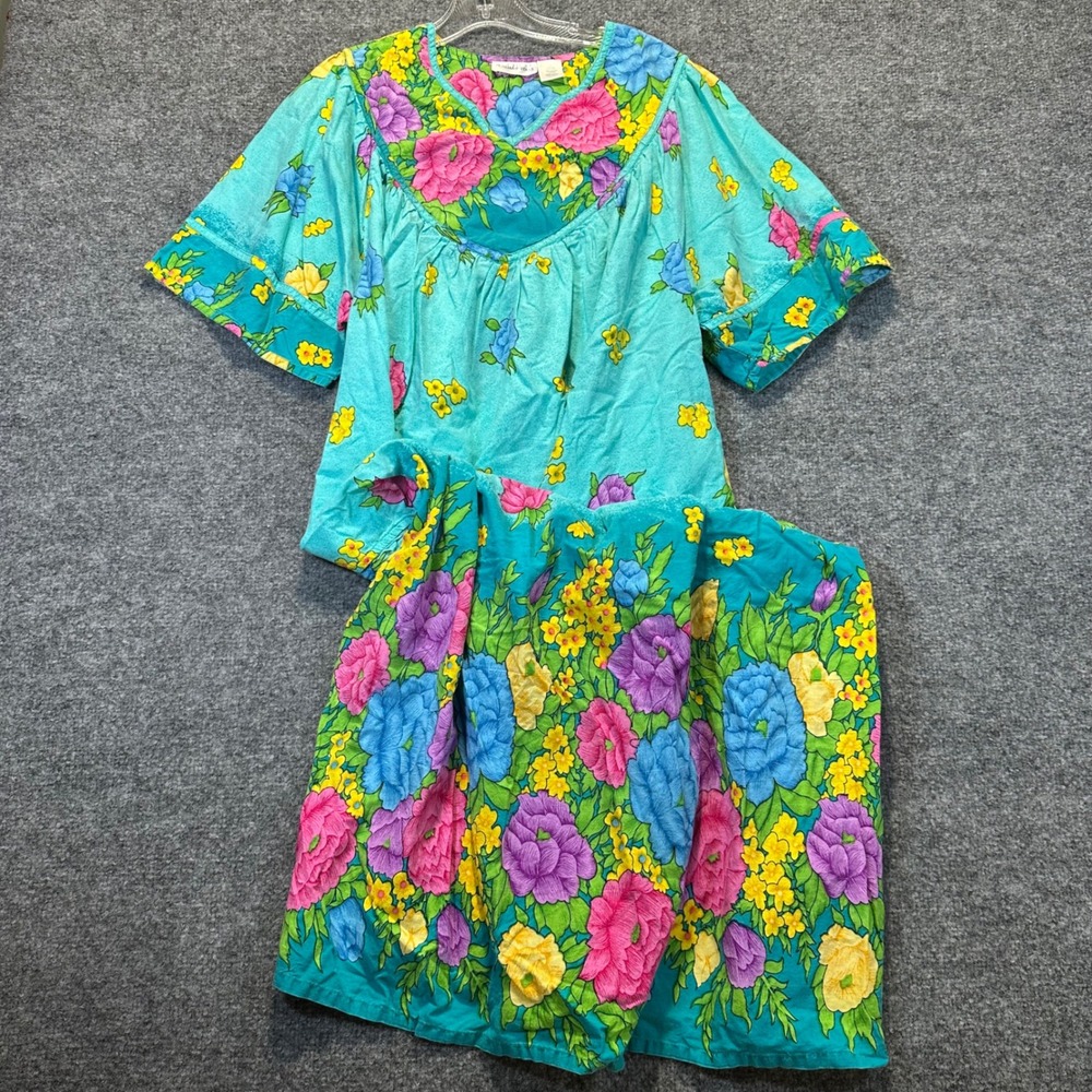 Fundamentals Nightgown Women L Blue Floral Muu Muu Lounger Cotton Boho 2321